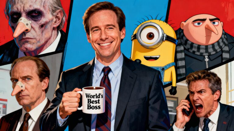 Collage personnages variés, homme souriant avec tasse.