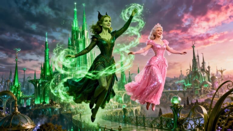 Deux femmes flottant devant une ville magique.