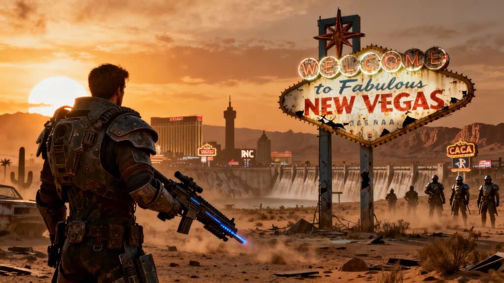 Guerrier regardant un panneau de New Vegas au crépuscule.