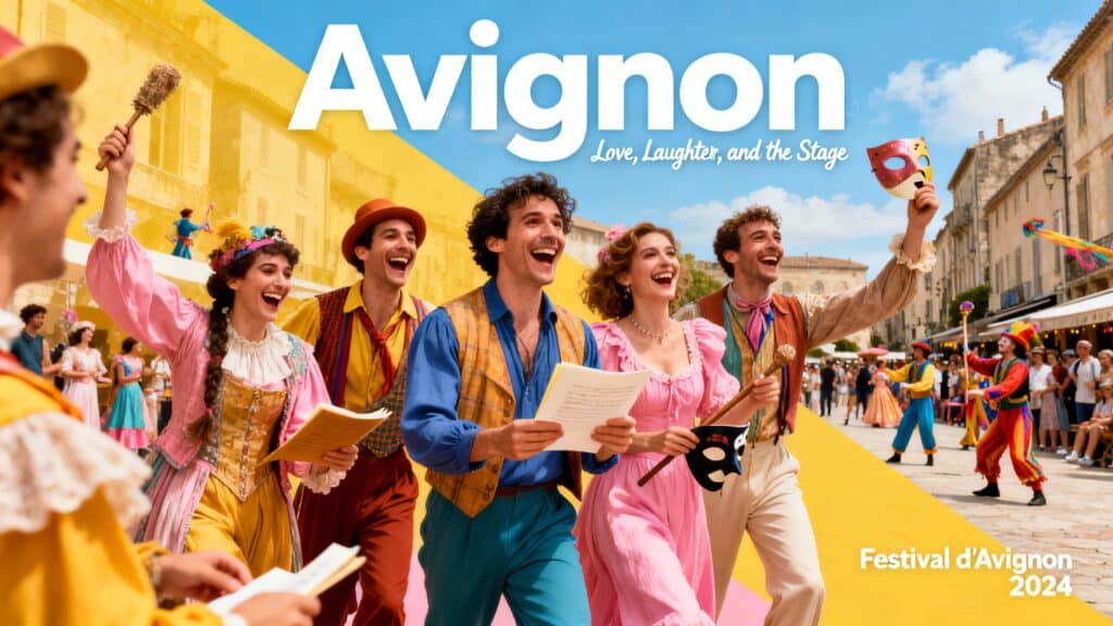 Performers joyfully celebrating at Festival d'Avignon 2024.