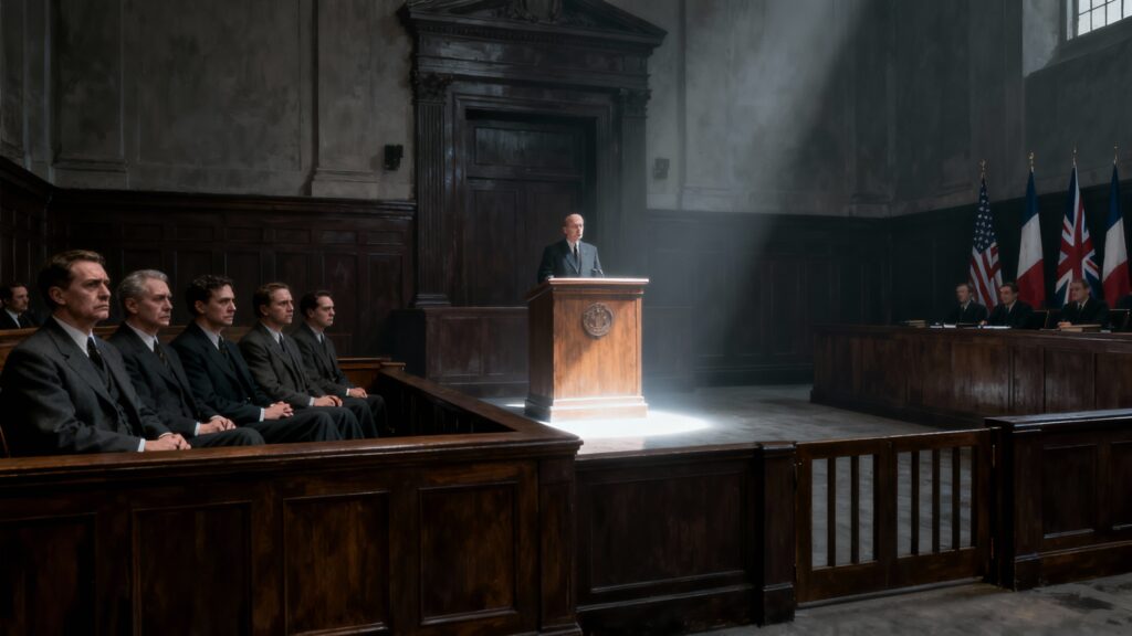 Salle d'audience avec orateur et auditoire assis.