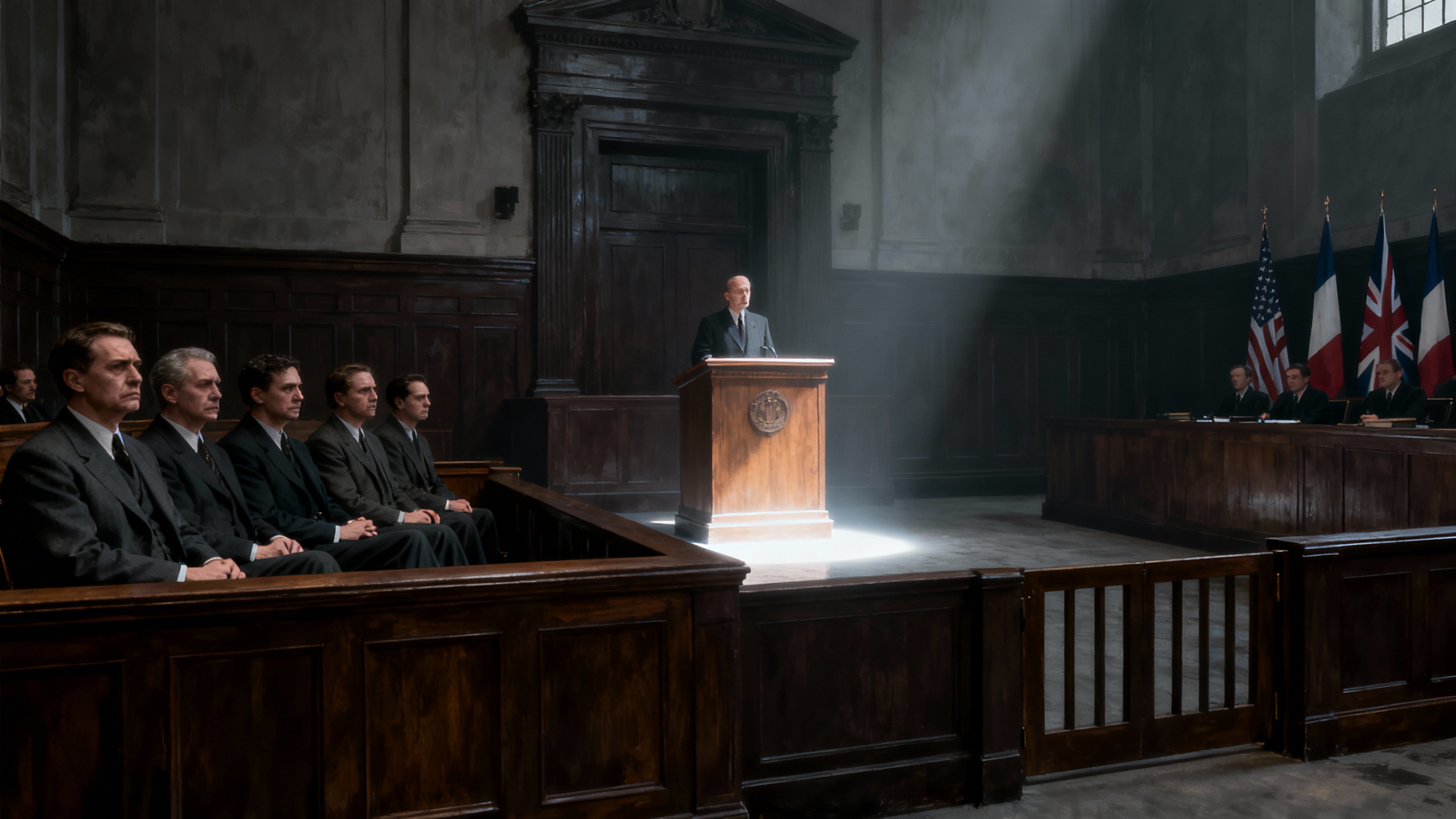 Salle d'audience avec orateur et auditoire assis.