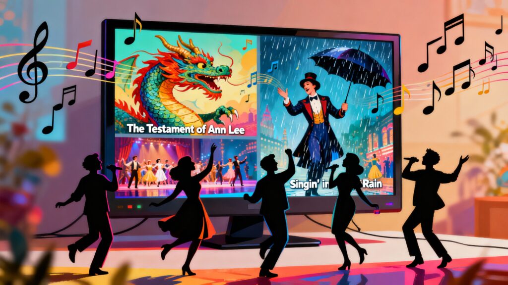 Personnes dansant devant un écran avec musiques.