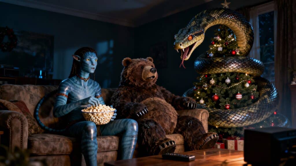 Personnage bleu, ours, serpent sur sapin de Noël.