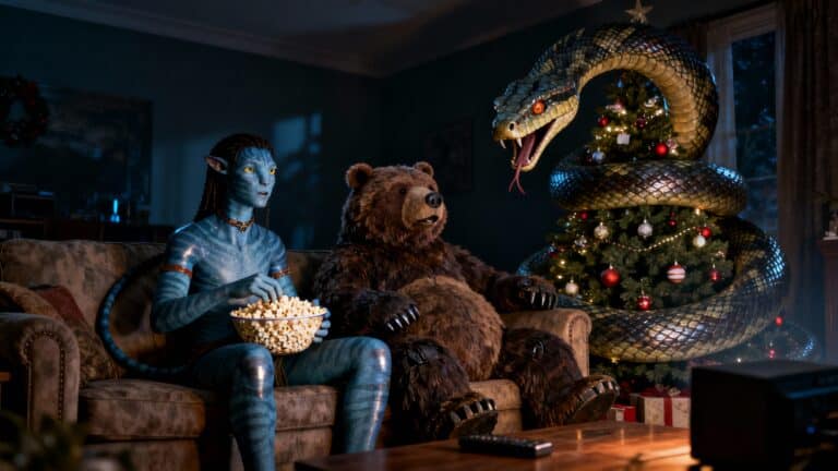 Personnage bleu, ours, serpent sur sapin de Noël.