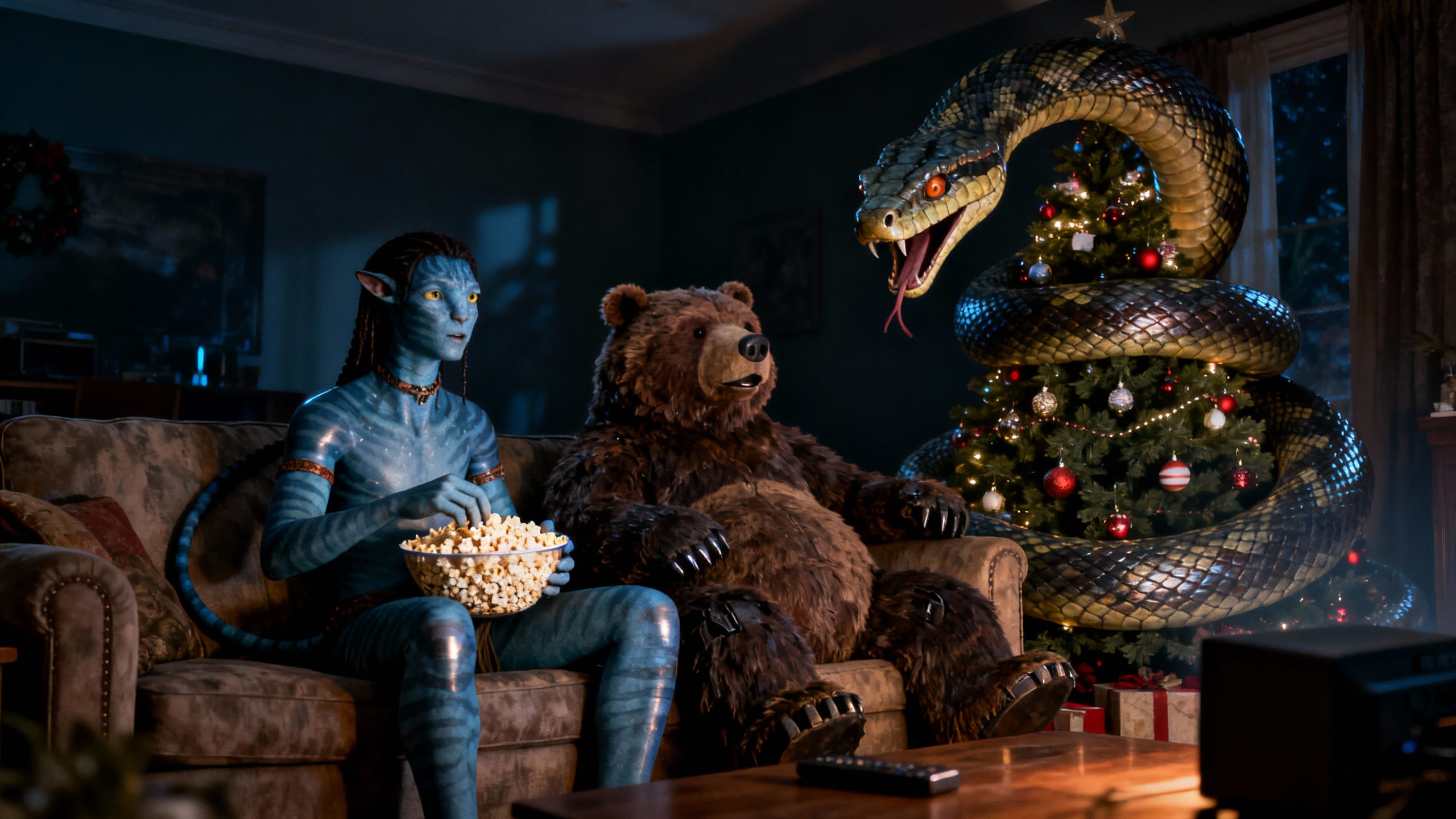 Personnage bleu, ours, serpent sur sapin de Noël.