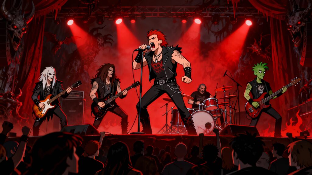 Groupe de rock anime en concert, scène rouge.