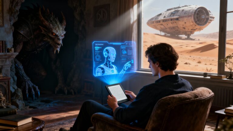 Personne lit avec hologramme, vaisseau et créature en arrière-plan.