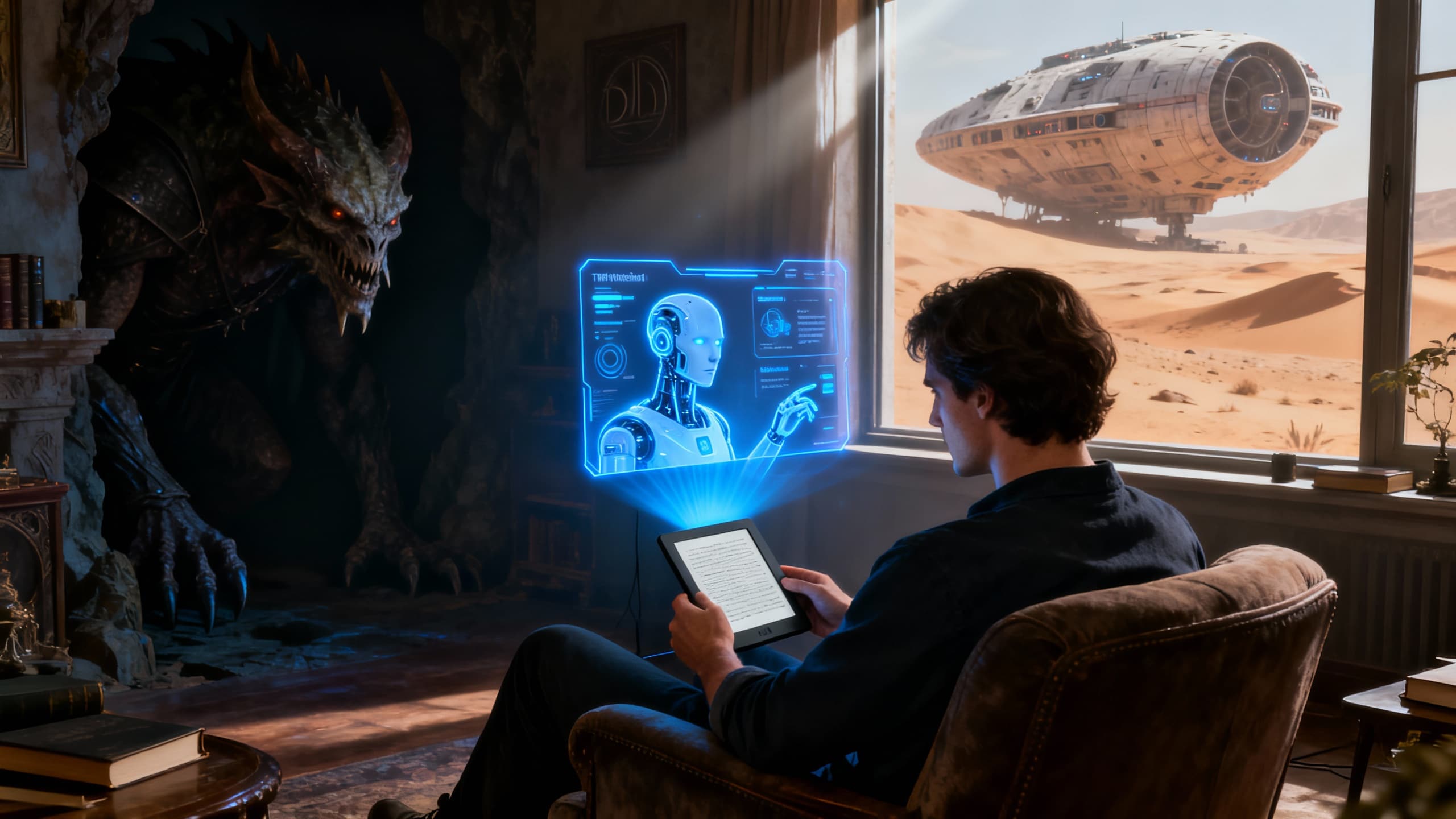 Personne lit avec hologramme, vaisseau et créature en arrière-plan.