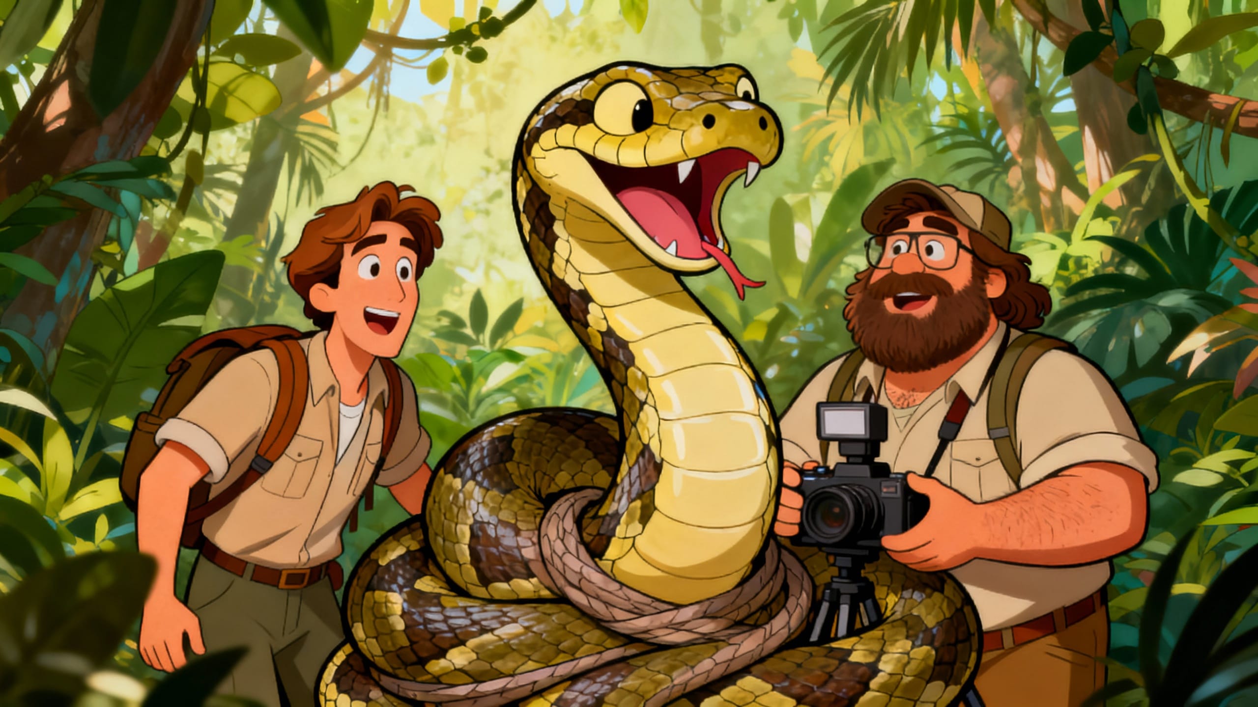 Explorateurs dans la jungle avec un grand serpent.