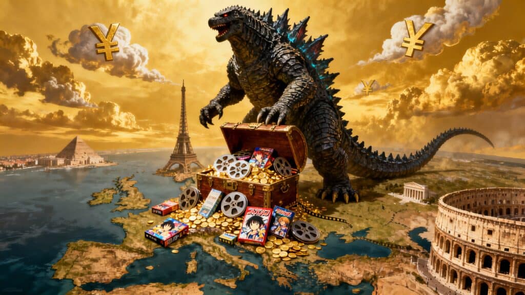 Monstre géant près de monuments et trésor.