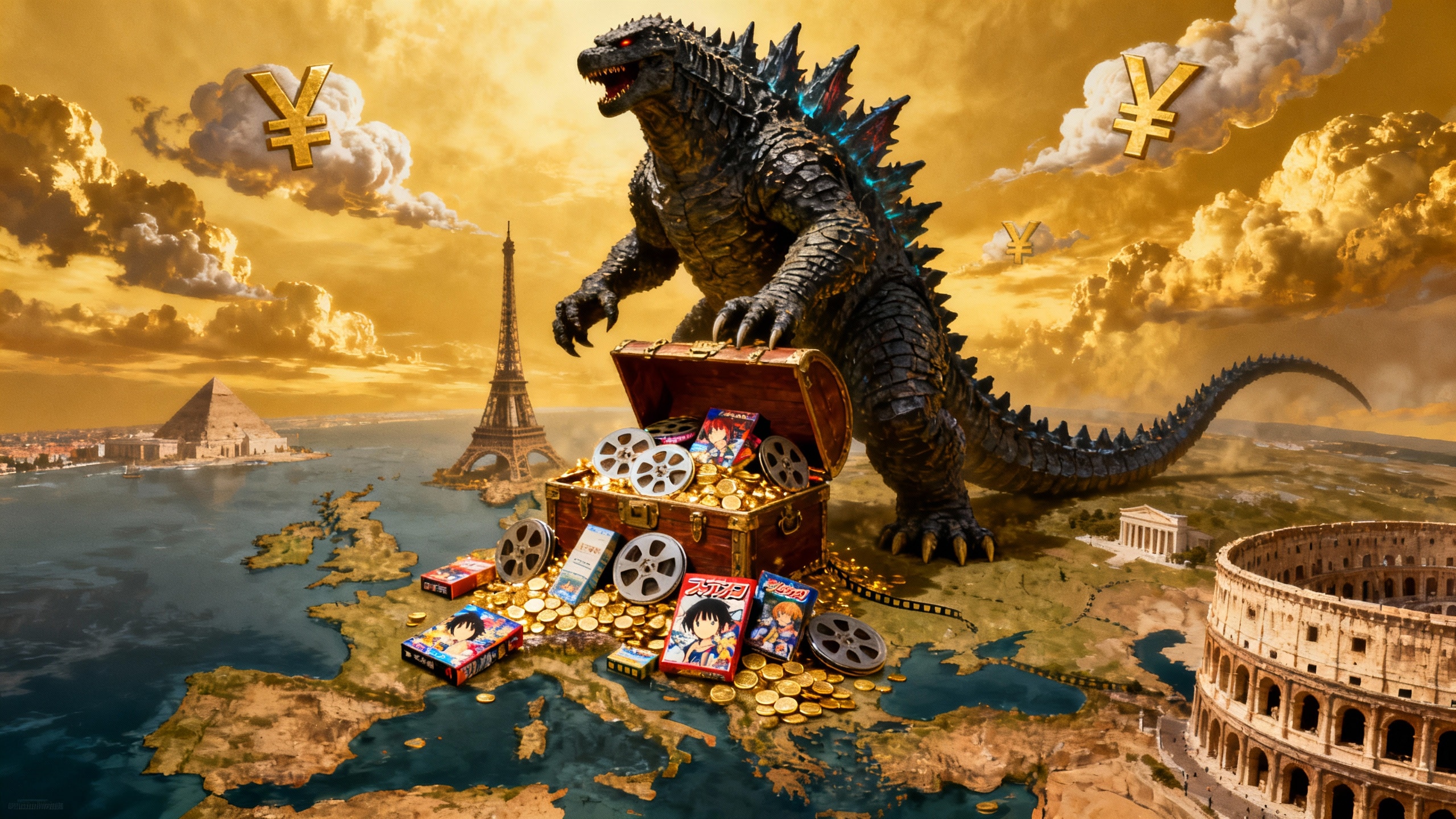 Monstre géant près de monuments et trésor.