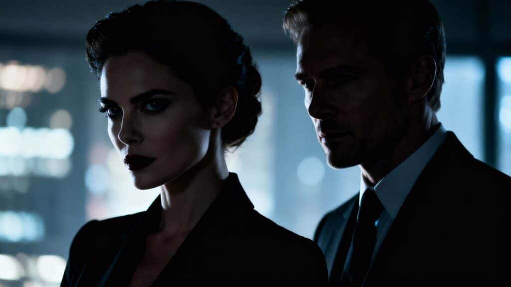 Deux personnes en tenue élégante dans l'ombre.