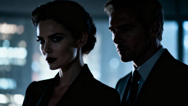 Deux personnes en tenue élégante dans l'ombre.