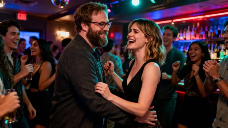 Personnes dansant joyeusement dans un bar animé.