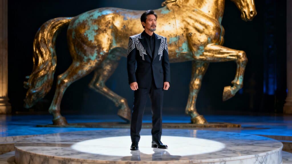 Homme élégant devant statue de cheval doré.