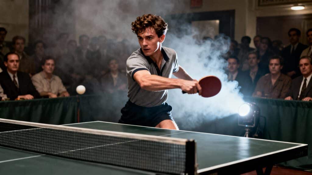 Homme jouant au ping-pong en compétition.