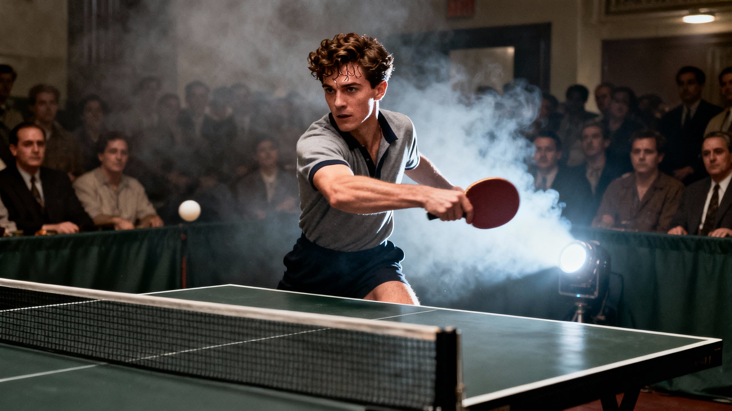 Homme jouant au ping-pong en compétition.