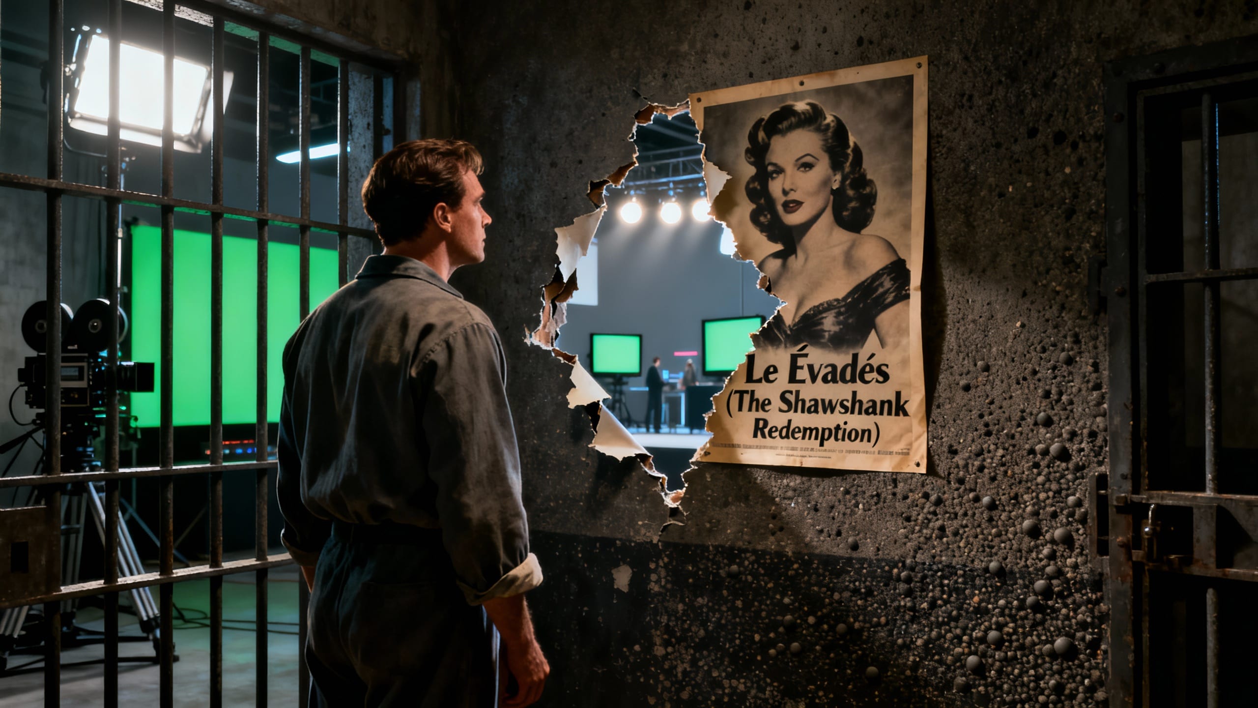 Homme dans cellule regarde une affiche de film.