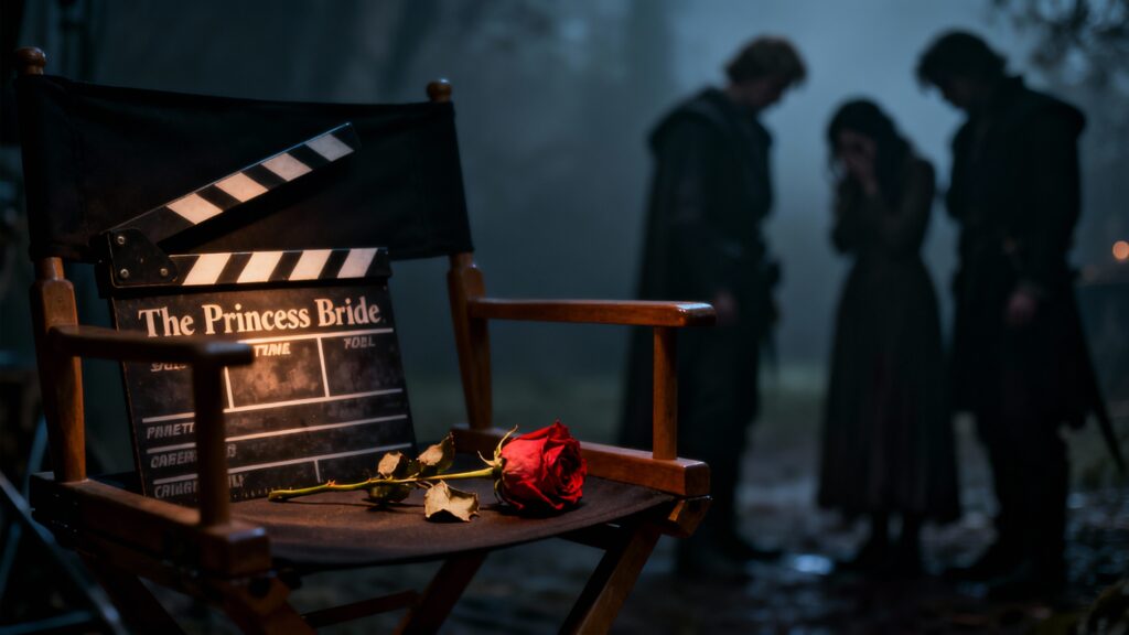 Chaise réalisateur avec rose et personnes floues derrière.