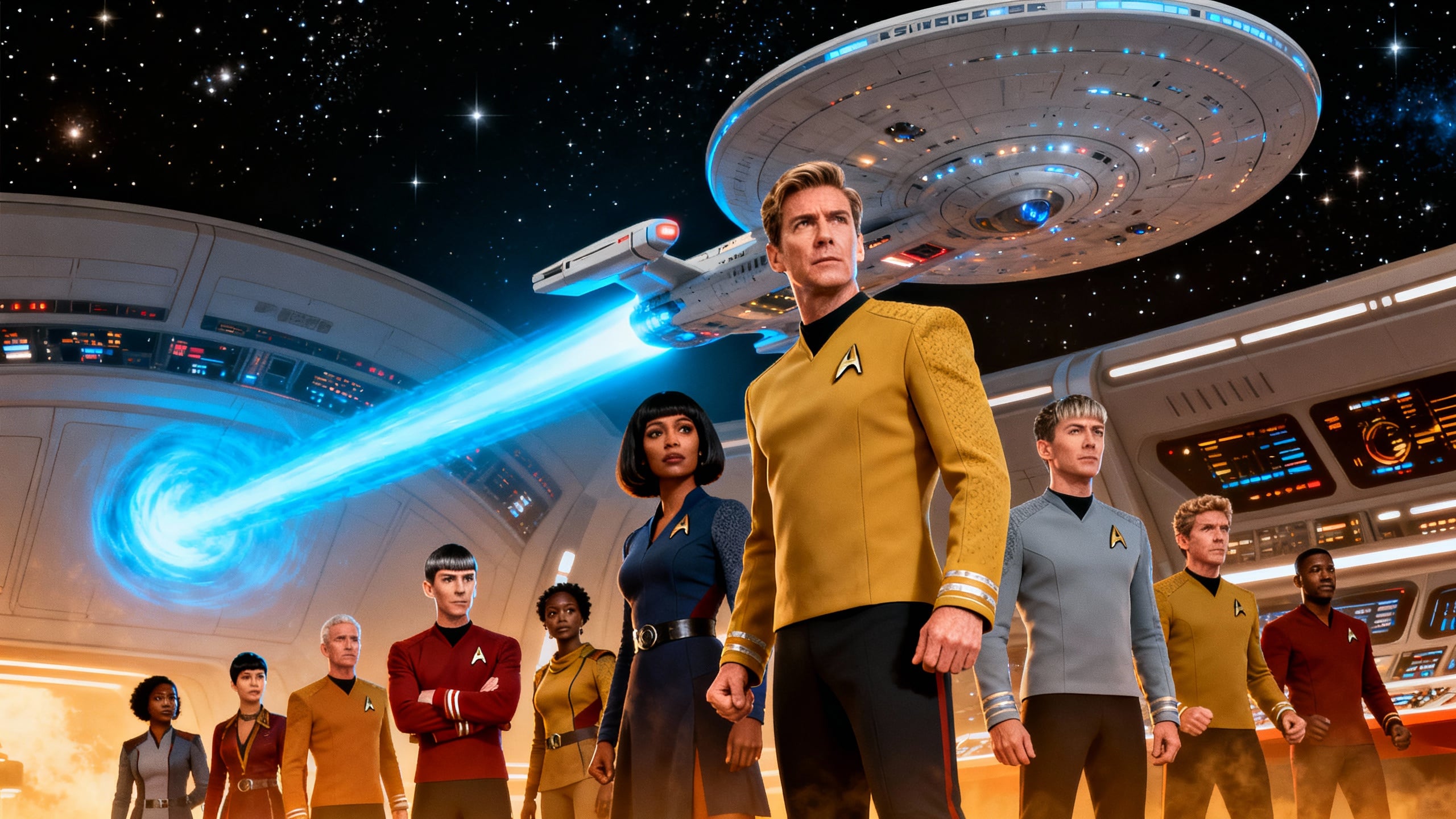 Équipage spatial devant un vaisseau et faisceau lumineux.