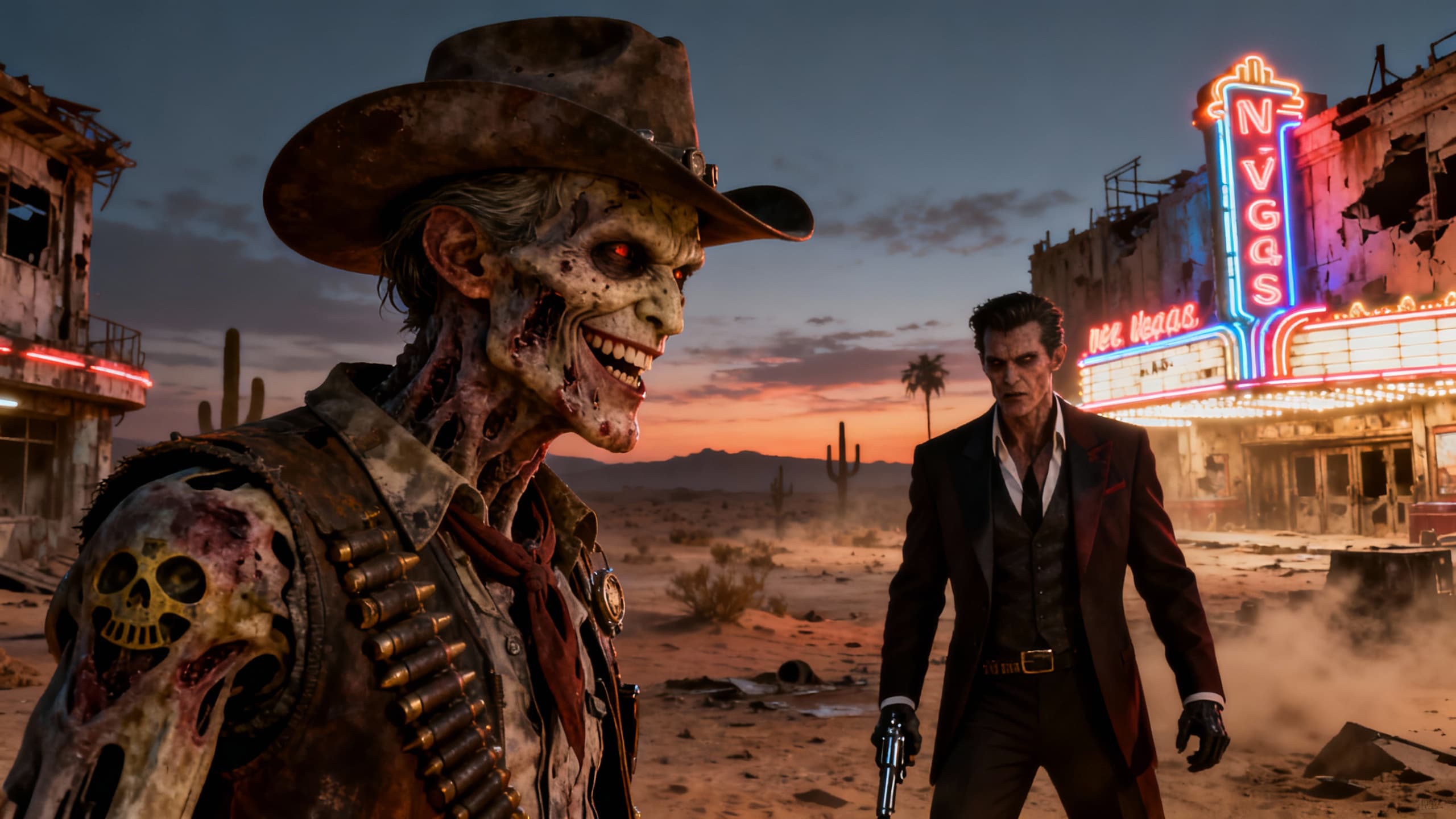 Deux personnages sinistres dans un désert post-apocalyptique.