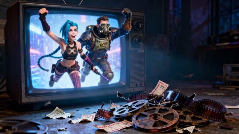 Personnages animés sortant d'une télévision ancienne.