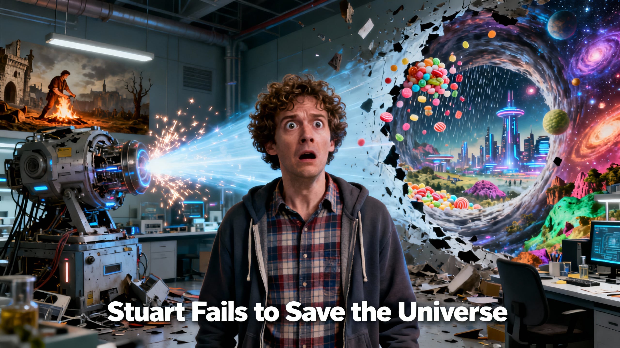 Homme surpris devant machine spatiale multivers fantastique.