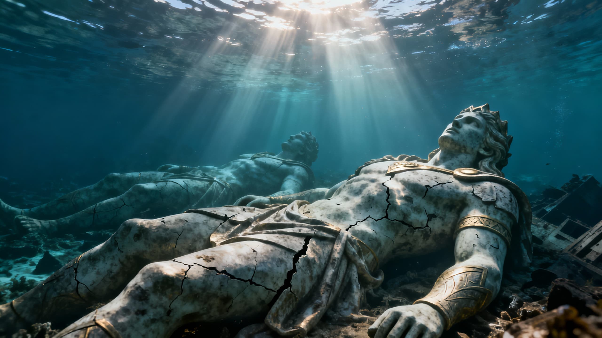 Statues anciennes submergées avec rayons de soleil aquatiques.