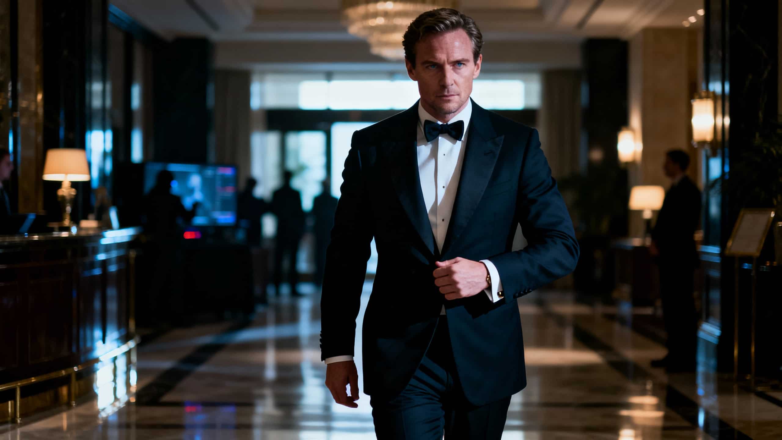 Homme en smoking marchant dans un hall élégant.