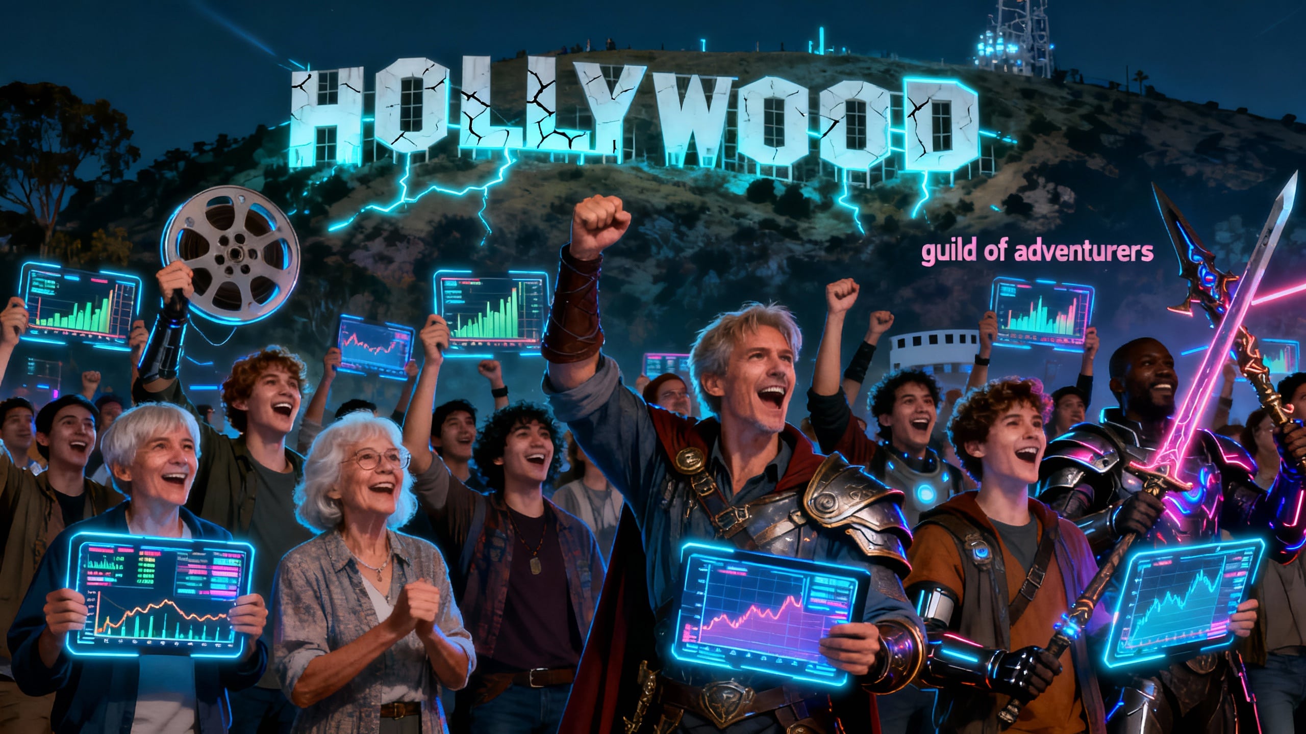 Groupe enthousiaste devant panneau Hollywood.