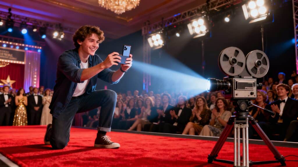 Jeune homme souriant avec smartphone sur tapis rouge.
