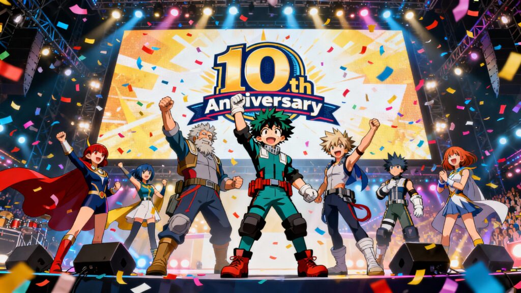 Personnages colorés sur scène célébrant un anniversaire.