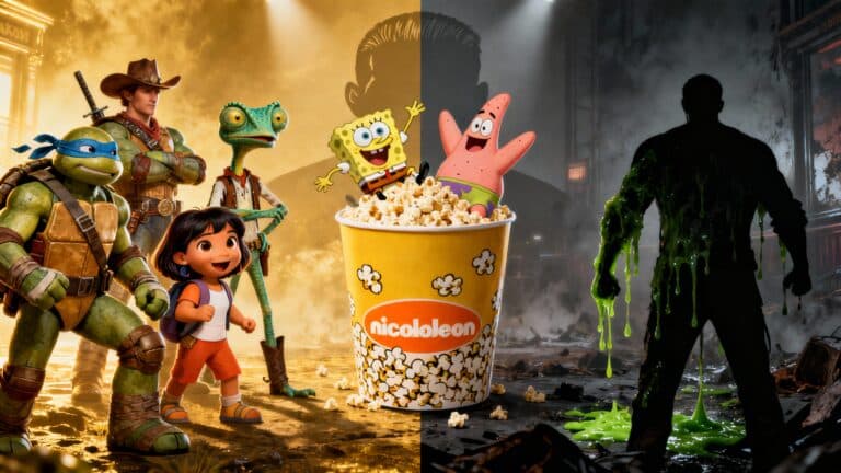 Personnages animés avec boîte de popcorn géante.