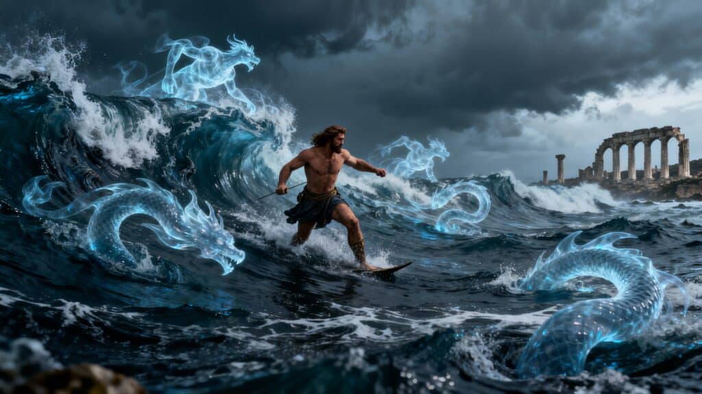Homme sur vague avec créatures marines fantastiques