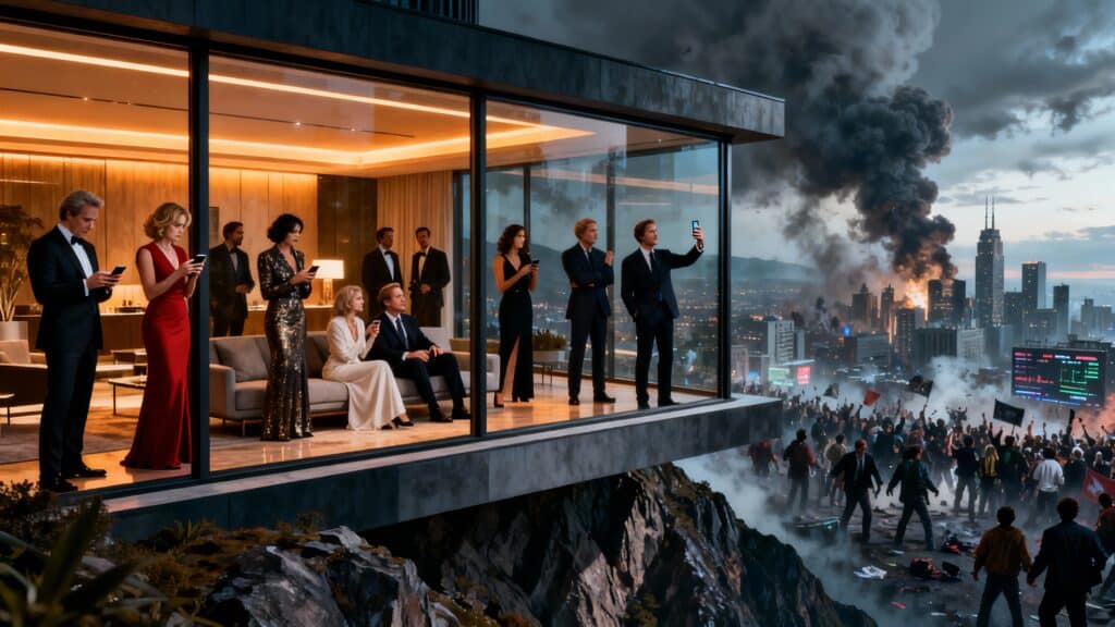 Foule protestant devant gratte-ciel moderne, ville en feu.