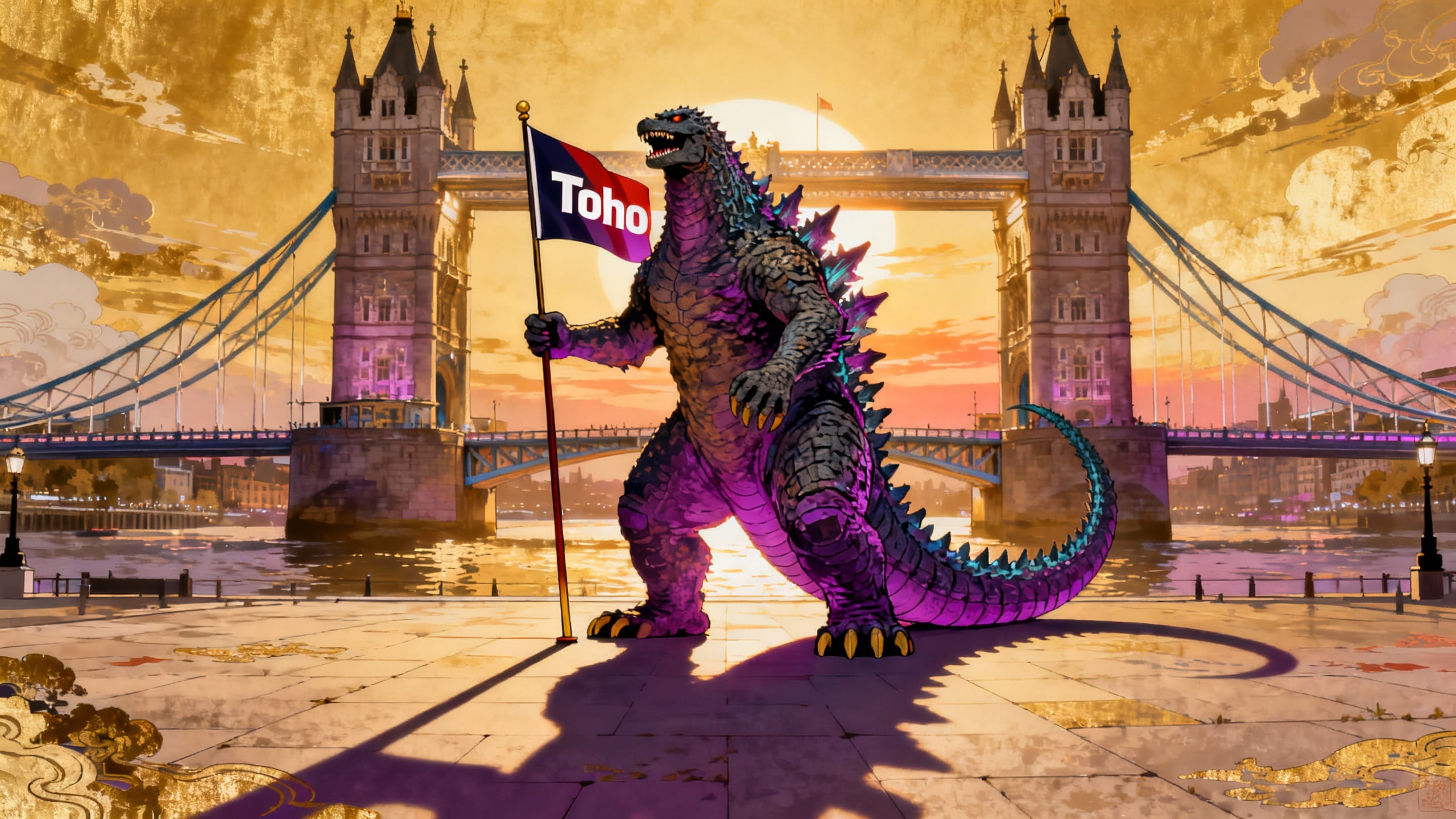 Monstre géant avec drapeau devant pont iconique.