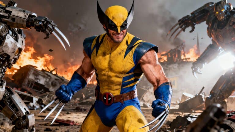 Super-héros avec griffes et robots en arrière-plan.