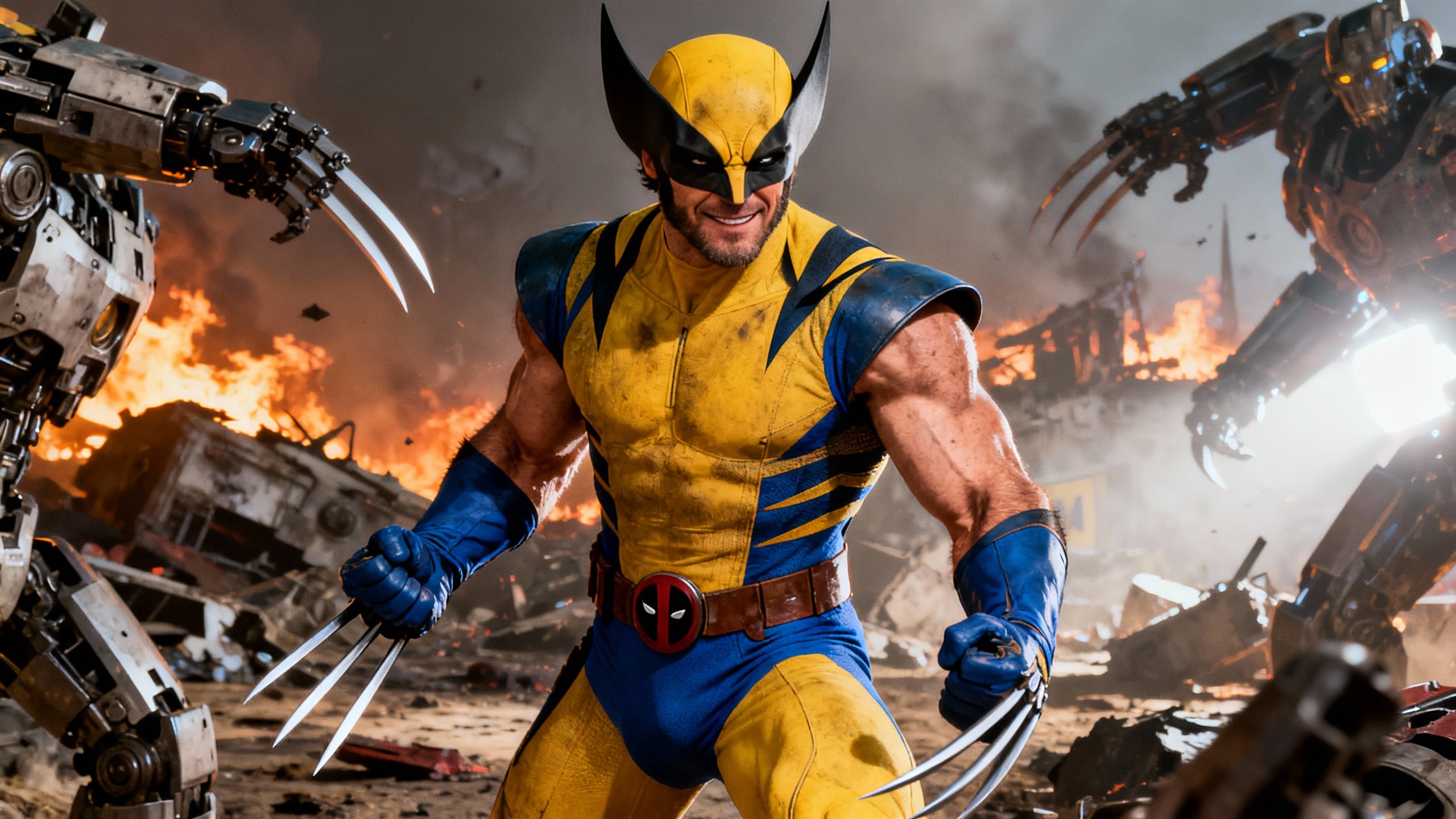 Super-héros avec griffes et robots en arrière-plan.