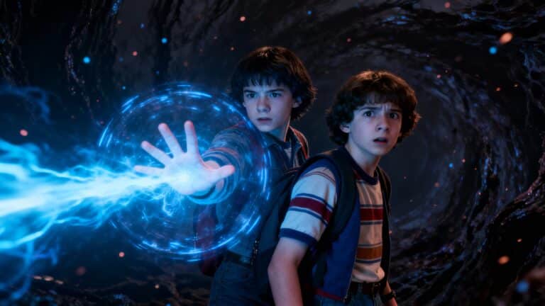 Enfants utilisant magie bleue dans tunnel sombre.