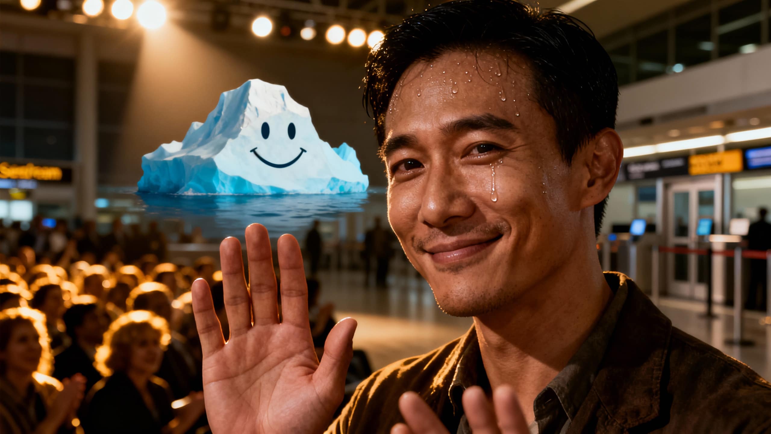 Homme souriant avec un iceberg fondant en arrière-plan.