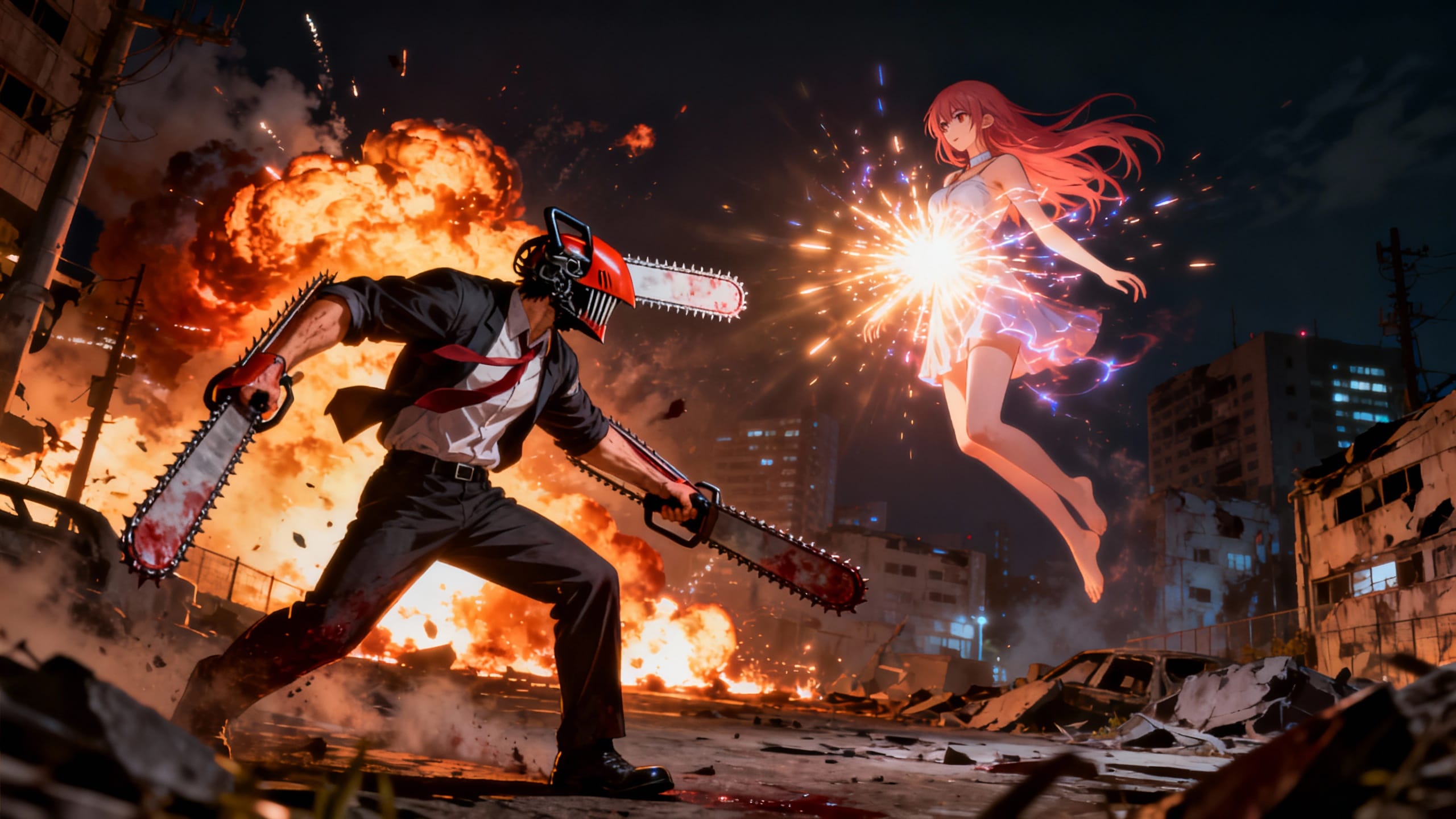 Combat explosif entre personnages avec tronçonneuse et magie.