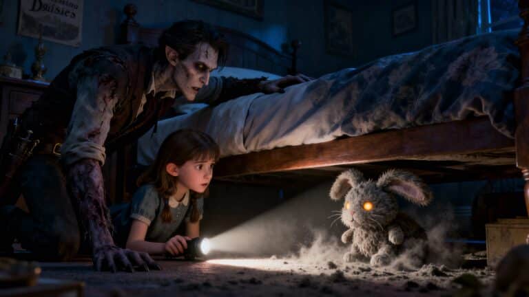 Enfant éclairant un monstre et un lapin lumineux.