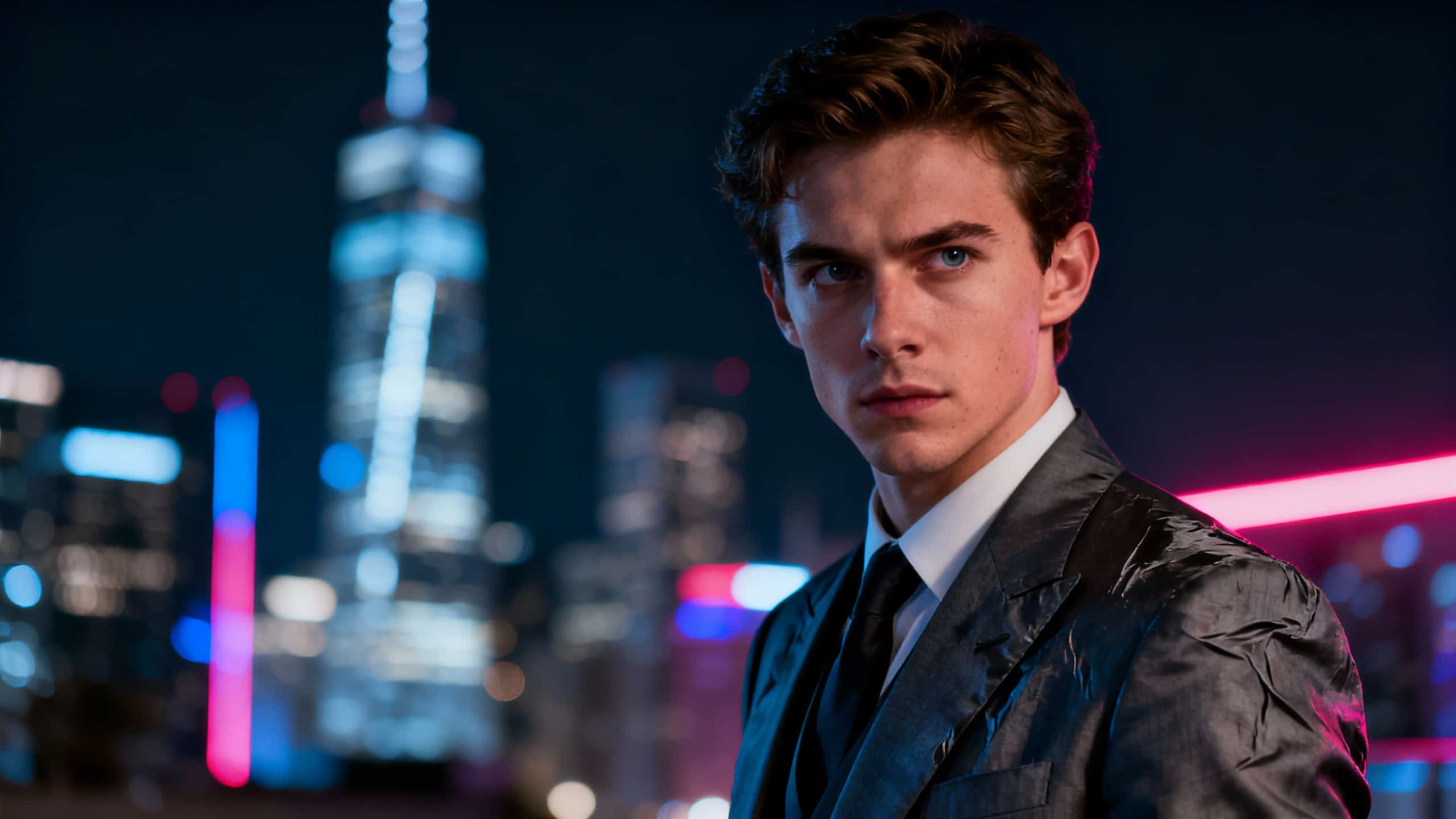 Homme en costume devant ville illuminée la nuit.