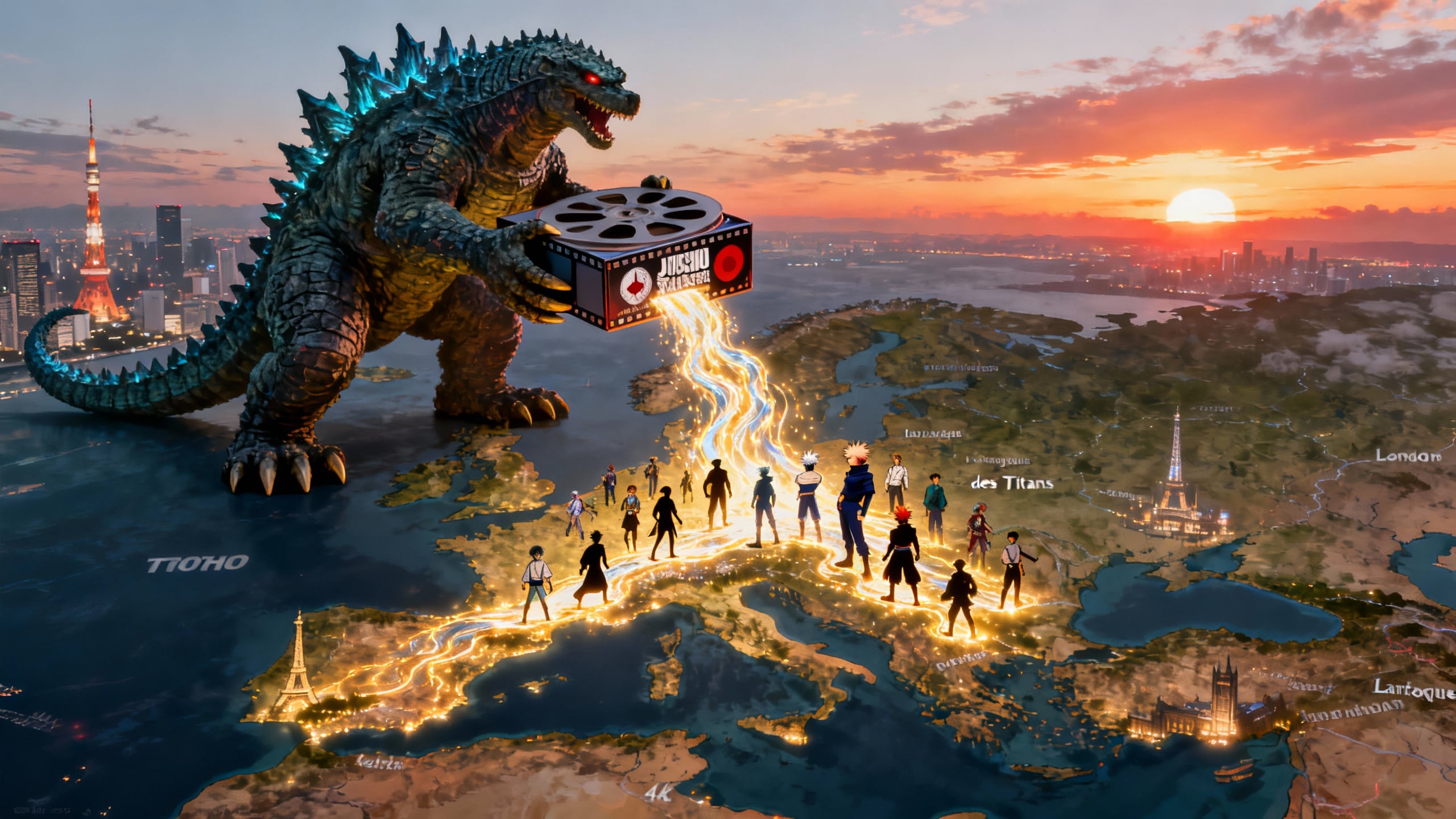 Godzilla géant avec personnages animés, ville en arrière-plan.
