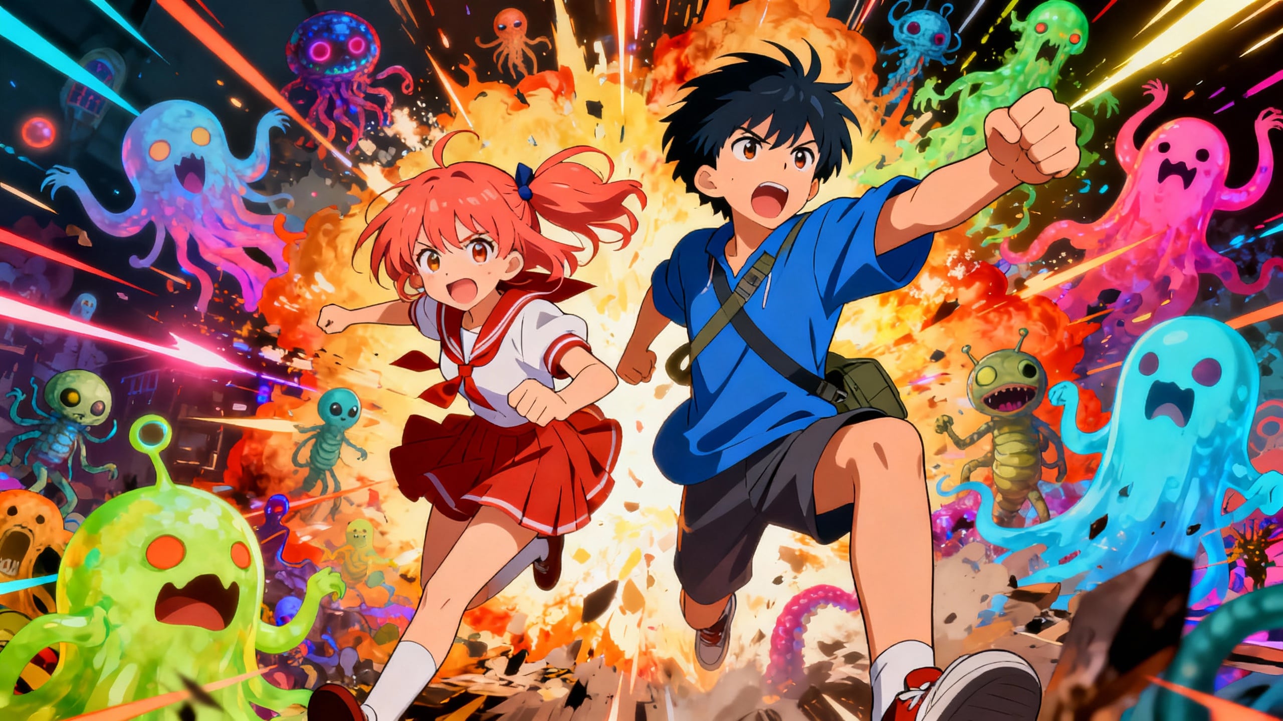 Deux personnages fuient des monstres colorés explosifs.