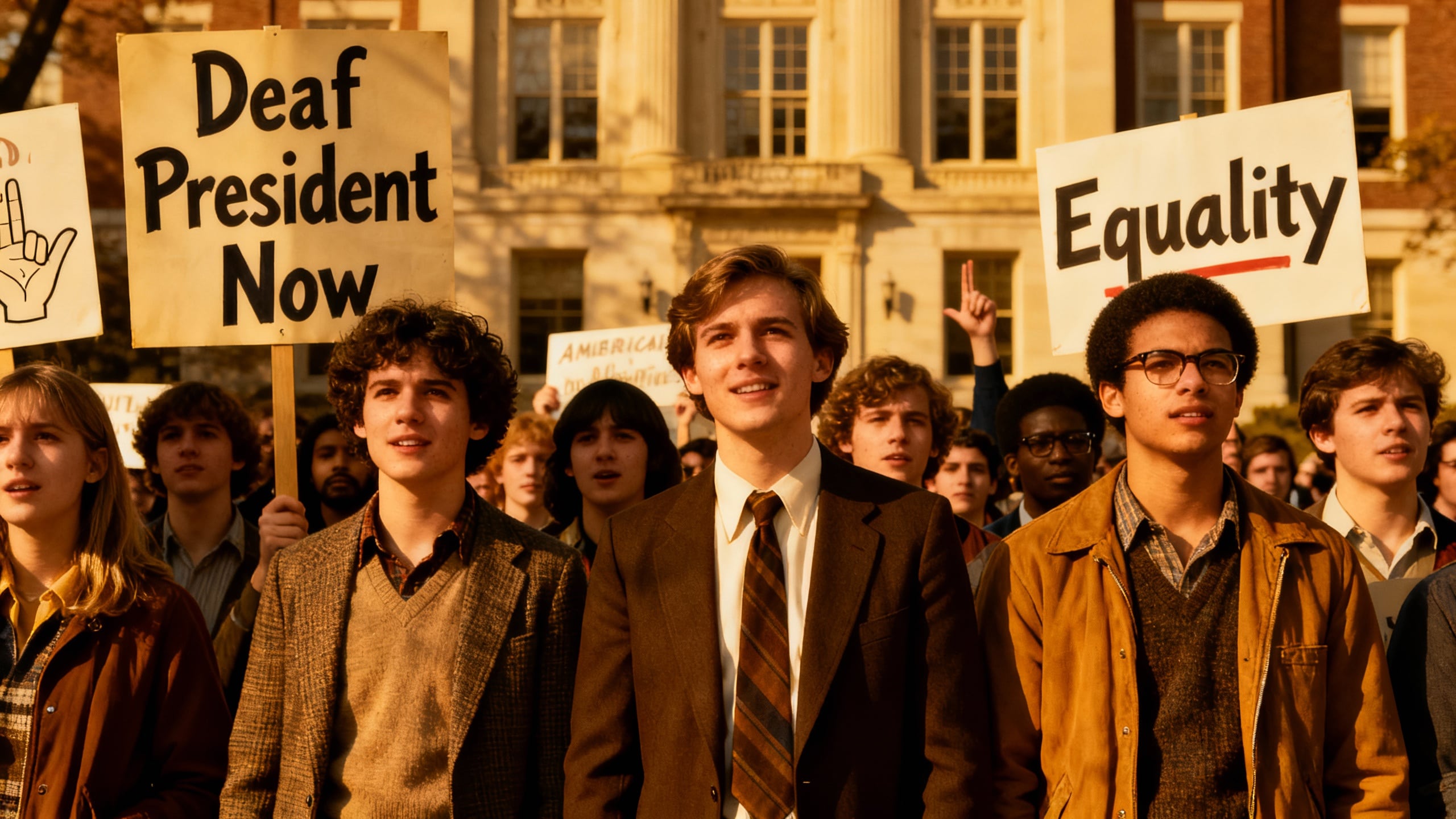 Manifestation pour l'égalité avec pancartes devant bâtiment.