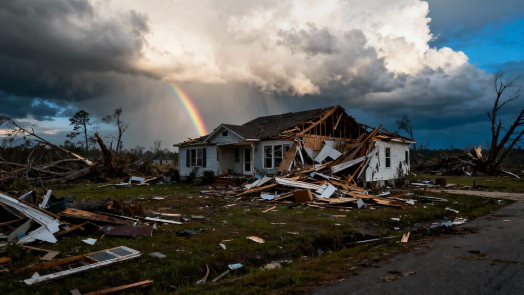Maison détruite par tempête, arc-en-ciel visible.