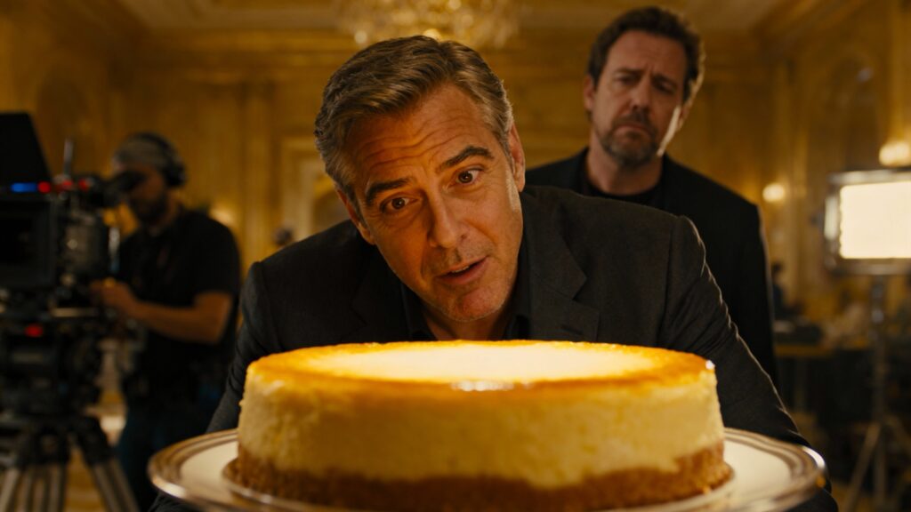 Homme observant un grand cheesecake sur le plateau.