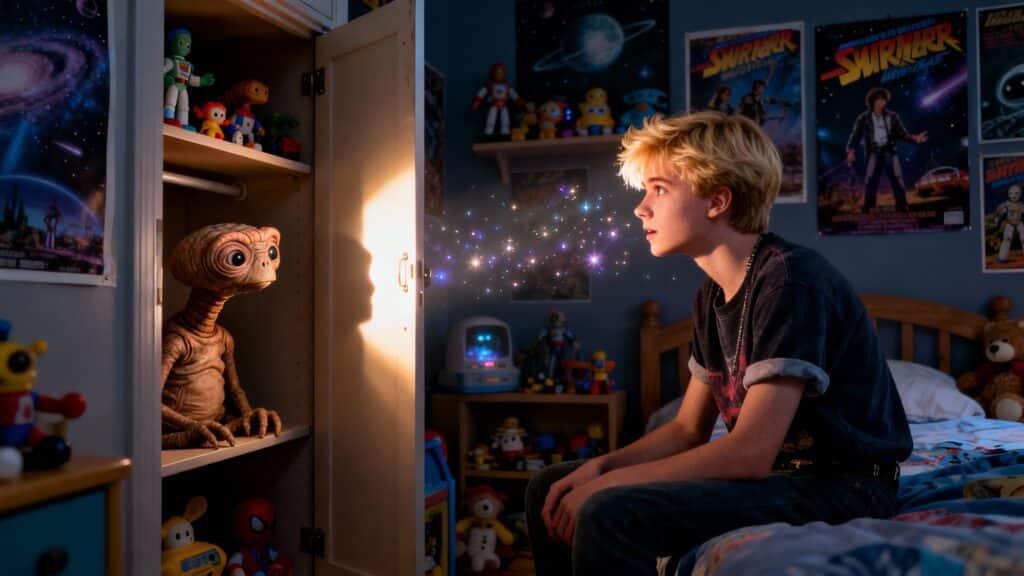 Garçon regardant extraterrestre dans placard, étoiles scintillantes.